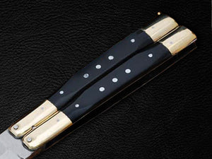 Personalized Handmade 440C ORIGINAL FILIPINO BALISONG BUTTERFLY KNIFE Brass with Kama gong Wood Inserts With Leather Sheath