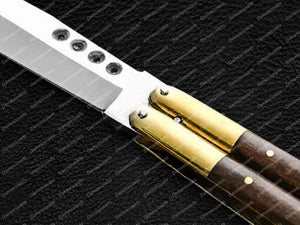 Personalized Custom Handmade Original Filipino Balisong Butterfly Knife Brass with Kamagong Wood Inserts with Leather Sheath