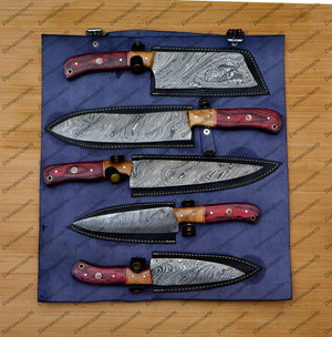 Personalized Custom Handmade Damascus Chef set Of 5pcs With Leather Cover, Kitchen Knife, Damascus Knife Set, Kitchen knives With Leather Sheath