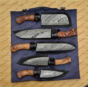 Personalized Custom Handmade Damascus Chef set Of 5pcs With Leather Cover, Kitchen Knife, Damascus Knife Set, Kitchen knives With Leather Sheath