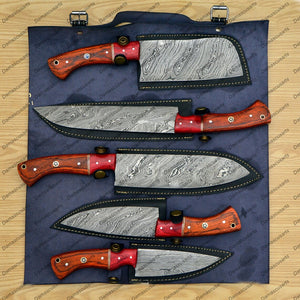 Personalized Custom Handmade Damascus Chef set Of 5pcs With Leather Cover, Kitchen Knife, Damascus Knife Set, Kitchen knives With Leather Sheath