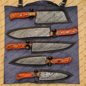 Personalized Custom Handmade Damascus Chef set Of 5pcs With Leather Cover, Kitchen Knife, Damascus Knife Set, Kitchen knives With Leather Sheath