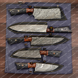 Personalized Custom Handmade Damascus Chef set Of 5pcs With Leather Cover, Kitchen Knife, Damascus Knife Set, Kitchen knives With Leather Sheath