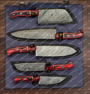 Personalized Custom Handmade Damascus Chef set Of 5pcs With Leather Cover, Kitchen Knife, Damascus Knife Set, Kitchen knives With Leather Sheath