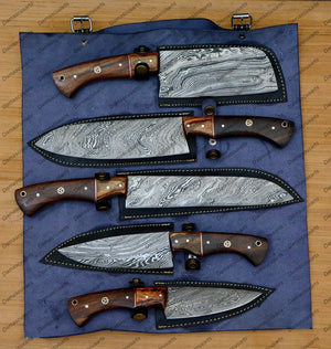 Personalized Custom Handmade Damascus Chef set Of 5pcs With Leather Cover, Kitchen Knife, Damascus Knife Set, Kitchen knives With Leather Sheath