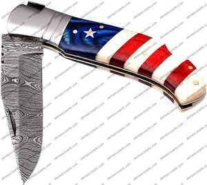 American Flag Custom Handmade Damascus Steel Blade Pattern Welded Camping Hunting Pocket Folding Survival Knife with Genuine Leather Sheath