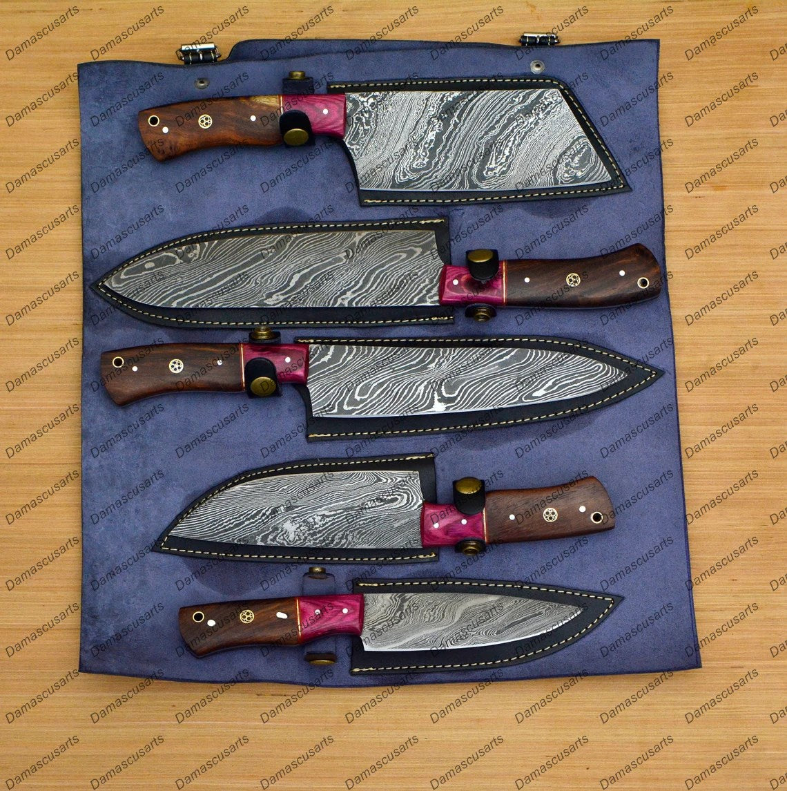 Personalized Custom Handmade Damascus Chef set Of 5pcs With Leather Cover, Kitchen Knife, Damascus Knife Set, Kitchen knives With Leather Sheath