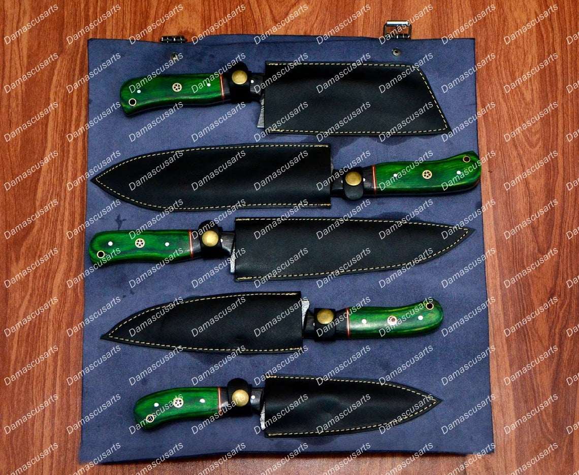 Personalized Custom Handmade Damascus Chef set Of 5pcs With Leather Cover, Kitchen Knife, Damascus Knife Set, Kitchen knives With Leather Sheath