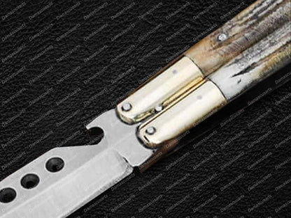 Personalized Custom Handmade D2 Tool Steel Original Filipino Balisong Butterfly Knife Brass with Jigged Bone Inserts World Class Knives with Leather Sheath