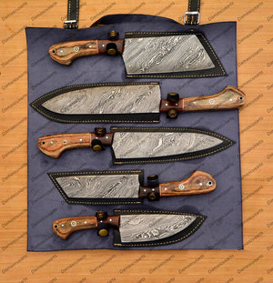 Personalized Custom Handmade Damascus Chef set Of 5pcs With Leather Cover, Kitchen Knife, Damascus Knife Set, Kitchen knives With Leather Sheath