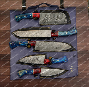 Personalized Custom Handmade Damascus Chef set Of 5pcs With Leather Cover, Kitchen Knife, Damascus Knife Set, Kitchen knives With Leather Sheath