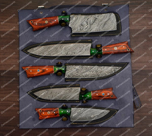 Personalized Custom Handmade Damascus Chef set Of 5pcs With Leather Cover, Kitchen Knife, Damascus Knife Set, Kitchen knives With Leather Sheath