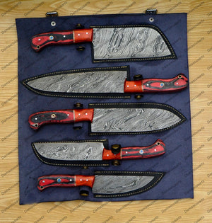 Personalized Custom Handmade Damascus Chef set Of 5pcs With Leather Cover, Kitchen Knife, Damascus Knife Set, Kitchen knives With Leather Sheath