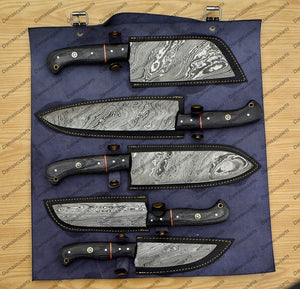 Personalized Custom Handmade Damascus Chef set Of 5pcs With Leather Cover, Kitchen Knife, Damascus Knife Set, Kitchen knives With Leather Sheath