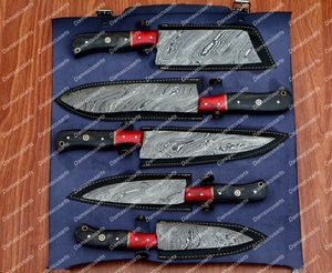 Personalized Custom Handmade Damascus Chef set Of 5pcs With Leather Cover, Kitchen Knife, Damascus Knife Set, Kitchen knives With Leather Sheath