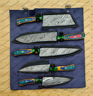 Personalized Custom Handmade Damascus Chef set Of 5pcs With Leather Cover, Kitchen Knife, Damascus Knife Set, Kitchen knives With Leather Sheath