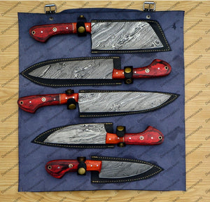 Personalized Custom Handmade Damascus Chef set Of 5pcs With Leather Cover, Kitchen Knife, Damascus Knife Set, Kitchen knives With Leather Sheath