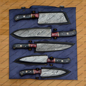 Personalized Custom Handmade Damascus Chef set Of 5pcs With Leather Cover, Kitchen Knife, Damascus Knife Set,Kitchen knives With Leather Sheath