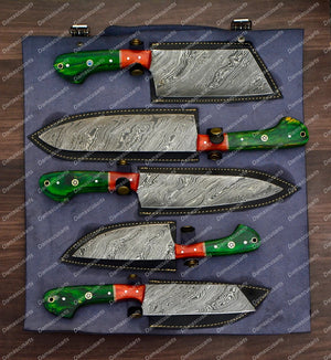 Personalized Custom Handmade Damascus Chef set Of 5pcs With Leather Cover, Kitchen Knife, Damascus Knife Set,Kitchen knives With Leather Sheath