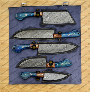 Personalized Custom Handmade Damascus Chef set Of 5pcs With Leather Cover, Kitchen Knife, Damascus Knife Set, Kitchen knives With Leather Sheath