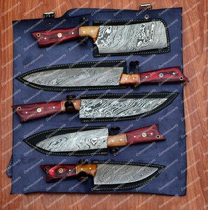 Personalized Custom Handmade Damascus Chef set Of 5pcs With Leather Cover, Kitchen Knife, Damascus Knife Set, Kitchen knives With Leather Sheath