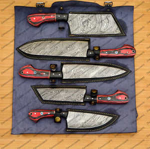 Personalized Custom Handmade Damascus Chef set Of 5pcs With Leather Cover, Kitchen Knife, Damascus Knife Set, Kitchen knives With Leather Sheath