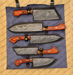 Personalized Custom Handmade Damascus Chef set Of 5pcs With Leather Cover, Kitchen Knife, Damascus Knife Set, Kitchen knives With Leather Sheath