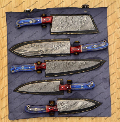 Personalized Custom Handmade Damascus Chef set Of 5pcs With Leather Cover, Kitchen Knife, Damascus Knife Set, Kitchen knives With Leather Sheath