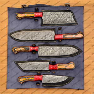 Personalized Custom Handmade Damascus Chef set Of 5pcs With Leather Cover, Kitchen Knife, Damascus Knife Set, Kitchen knives With Leather Sheath