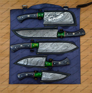 Personalized Custom Handmade Damascus Chef set Of 5pcs With Leather Cover, Kitchen Knife, Damascus Knife Set, Kitchen knives With Leather Sheath