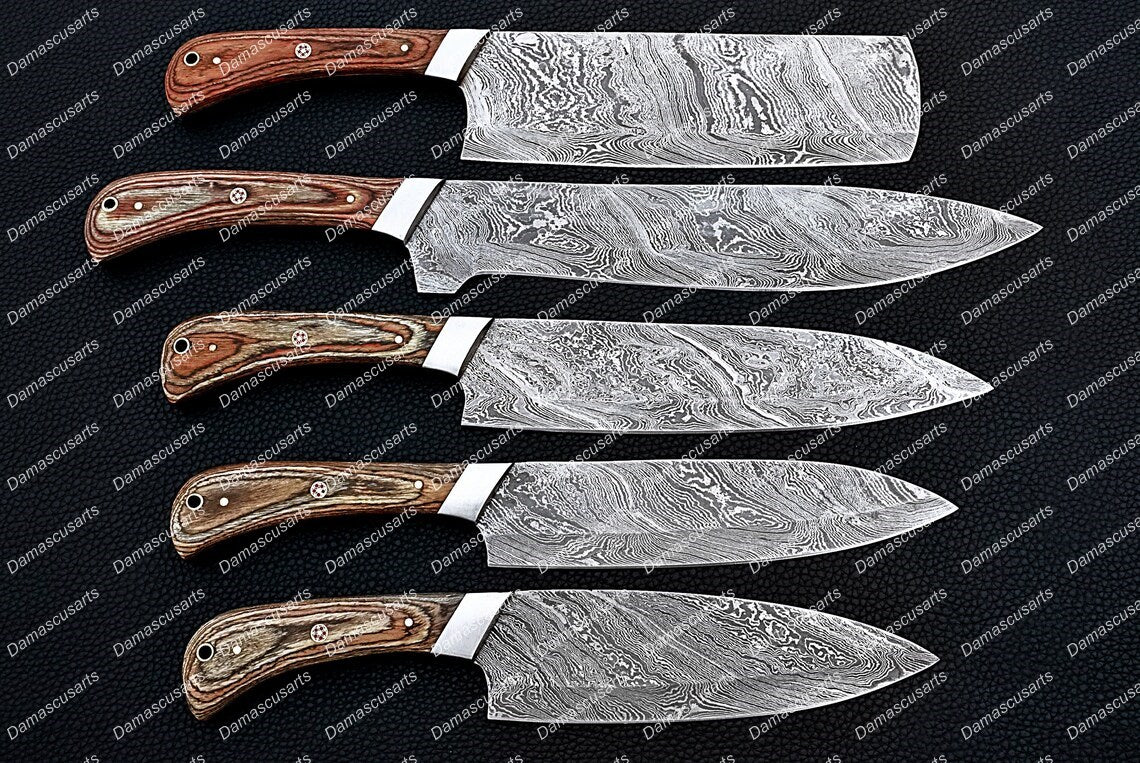 Personalized Custom Handmade Damascus Steel Chef Knives Set Chef Set Gift for Chef Kitchen Set Husband Gift Wedding Gift with Leather Sheath