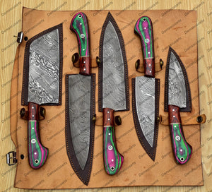 Personalized Custom Handmade Damascus Chef set Of 5pcs With Leather Cover, Kitchen Knife, Damascus Knife Set, Kitchen knives With Leather Sheath