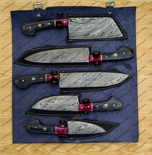 Personalized Custom Handmade Damascus Chef set Of 5pcs With Leather Cover, Kitchen Knife, Damascus Knife Set, Kitchen knives With Leather Sheath