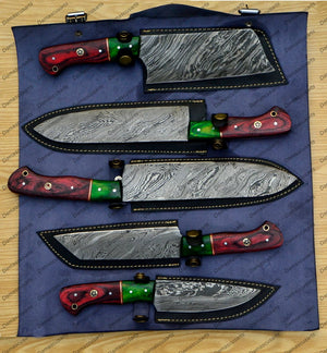 Personalized Custom Handmade Damascus Chef set Of 5pcs With Leather Cover, Kitchen Knife, Damascus Knife Set, Kitchen knives With Leather Sheath