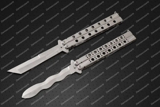 Personalized Custom Handmade Hairstreak Set of 2, 12cm”blade High Carbon Filipino Balisongs Butterfly Snake Blade Knife World Class Knives with Leather Sheath