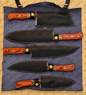 Personalized Custom Handmade Damascus Chef set Of 5pcs With Leather Cover, Kitchen Knife, Damascus Knife Set, Kitchen knives With Leather Sheath