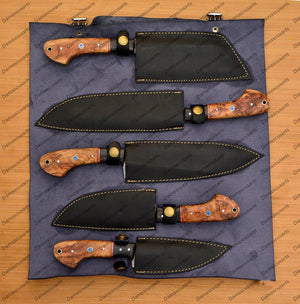 Personalized Custom Handmade Damascus Chef set Of 5pcs With Leather Cover, Kitchen Knife, Damascus Knife Set, Kitchen knives With Leather Sheath