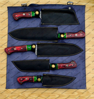 Personalized Custom Handmade Damascus Chef set Of 5pcs With Leather Cover, Kitchen Knife, Damascus Knife Set, Kitchen knives With Leather Sheath