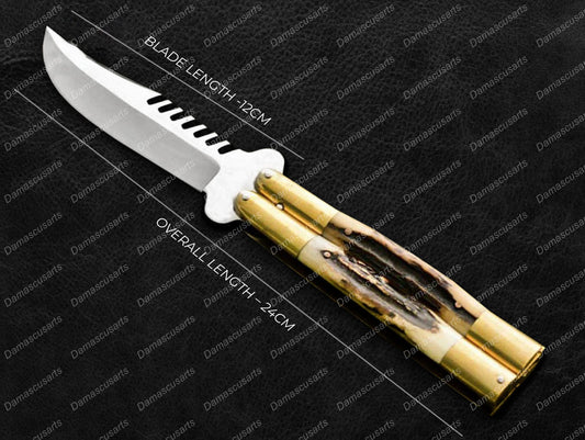 Personalized Custom Handmade 440c Stainless Steel Original Filipino Balisong Butterfly Knife Brass with Philippine Deer Horn Inserts  with Leather Sheath