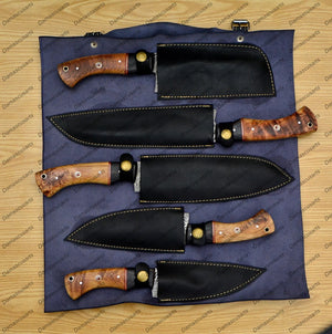 Personalized Custom Handmade Damascus Chef set Of 5pcs With Leather Cover, Kitchen Knife, Damascus Knife Set, Kitchen knives With Leather Sheath