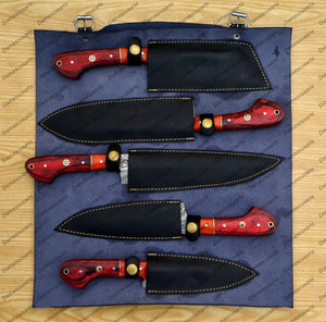 Personalized Custom Handmade Damascus Chef set Of 5pcs With Leather Cover, Kitchen Knife, Damascus Knife Set, Kitchen knives With Leather Sheath