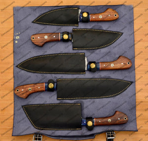 Personalized Custom Handmade Damascus Chef set Of 5pcs With Leather Cover, Kitchen Knife, Damascus Knife Set, Kitchen knives With Leather Sheath