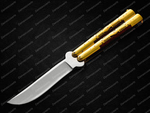 Personalized Custom Handmade 440c Stainless Steel Original Filipino Balisong Butterfly Knife Brass with Kamagong Wood Inserts with Leather Sheath