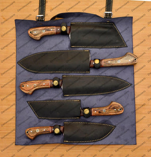 Personalized Custom Handmade Damascus Chef set Of 5pcs With Leather Cover, Kitchen Knife, Damascus Knife Set, Kitchen knives With Leather Sheath