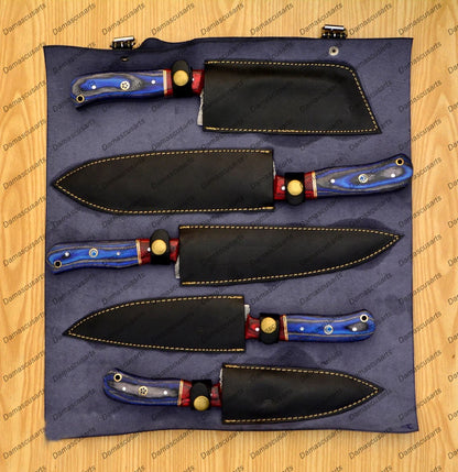 Personalized Custom Handmade Damascus Chef set Of 5pcs With Leather Cover, Kitchen Knife, Damascus Knife Set, Kitchen knives With Leather Sheath