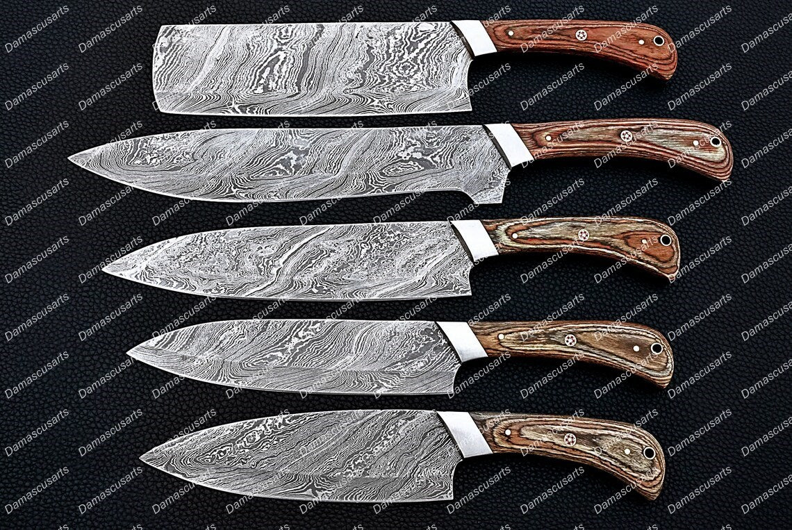 Personalized Custom Handmade Damascus Steel Chef Knives Set Chef Set Gift for Chef Kitchen Set Husband Gift Wedding Gift with Leather Sheath