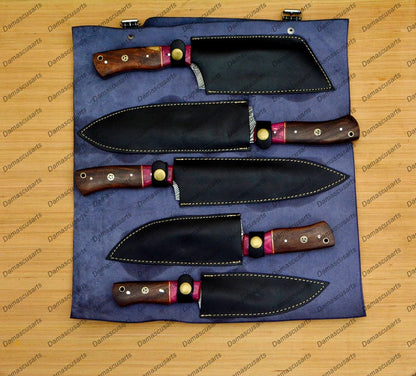 Personalized Custom Handmade Damascus Chef set Of 5pcs With Leather Cover, Kitchen Knife, Damascus Knife Set, Kitchen knives With Leather Sheath