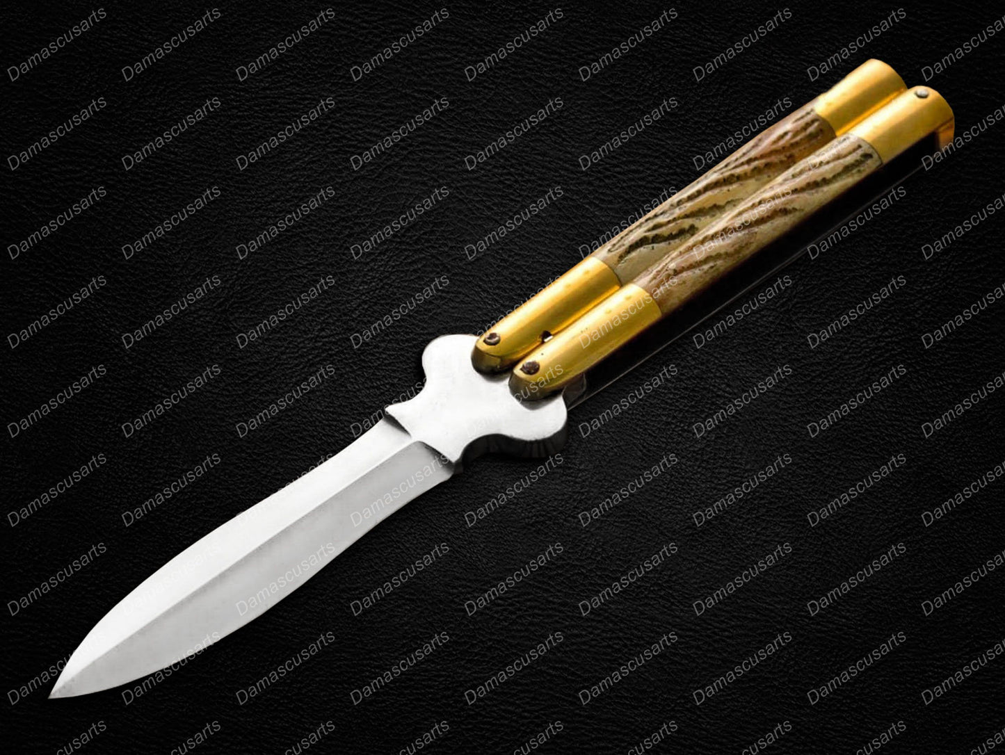 Personalized Custom Handmade 440c Stainless Steel Original Filipino Balisongs Butterfly Knife Brass with Bone Inserts with Leather Sheath