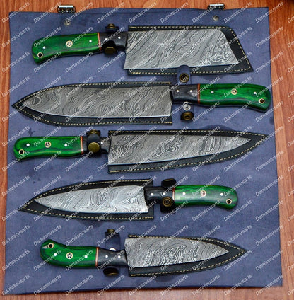 Personalized Custom Handmade Damascus Chef set Of 5pcs With Leather Cover, Kitchen Knife, Damascus Knife Set, Kitchen knives With Leather Sheath