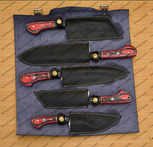 Personalized Custom Handmade Damascus Chef set Of 5pcs With Leather Cover, Kitchen Knife, Damascus Knife Set, Kitchen knives With Leather Sheath